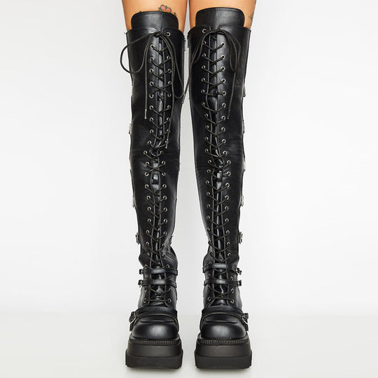 Damen Hochformatige Plateau-Stiefel mit modischem Reißverschluss und Schnür-Design EB