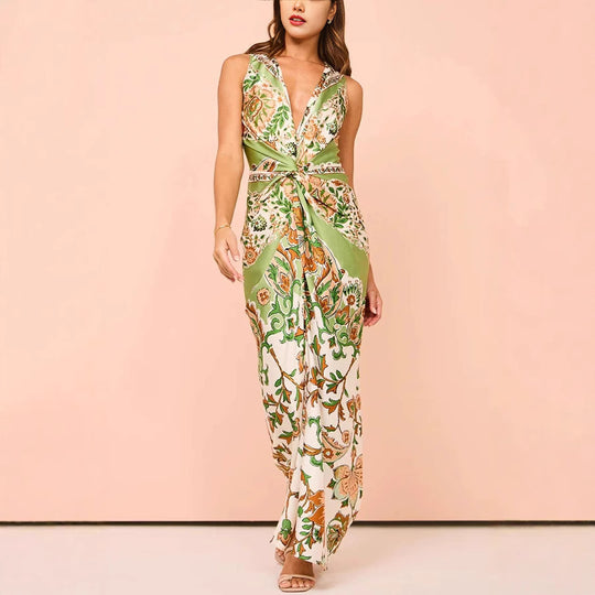 Damen Maxikleid mit floralem Muster und elegantem Knotendetail EB