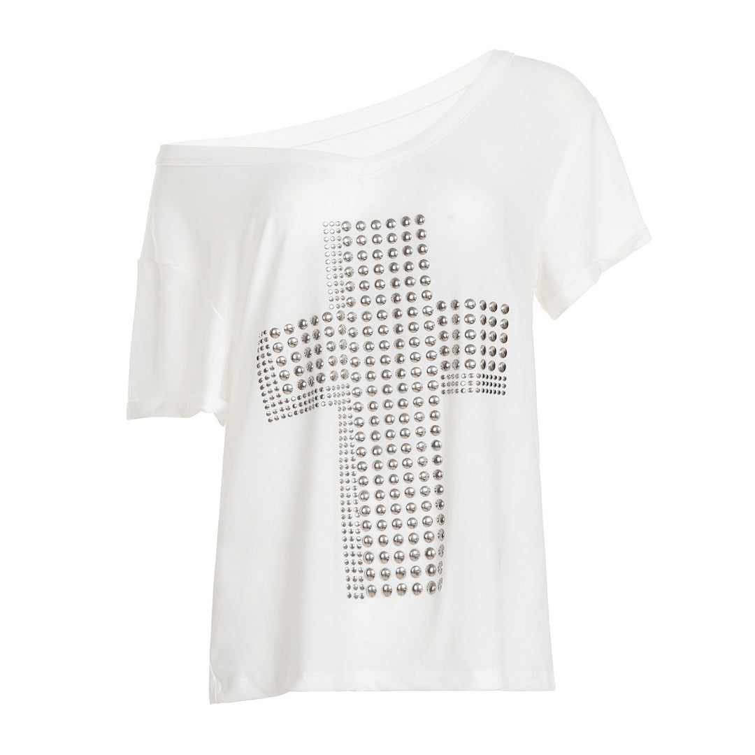 Damen V-Ausschnitt T-Shirt mit stilvollem Nieten-Dekor EB