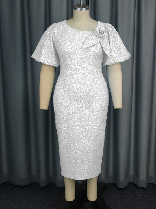 Damen elegantes Etuikleid mit fließenden Puffärmeln und Blumenapplikation EB
