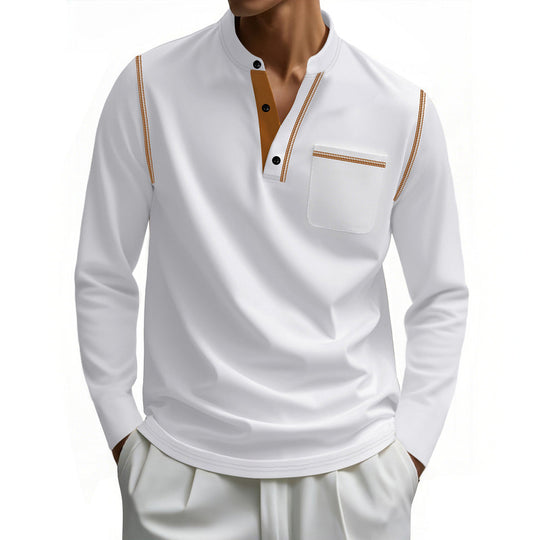 Herren nan Henley-Langarmshirt mit Stehkragen, Brusttasche und kontrastierenden Ziernähten EB