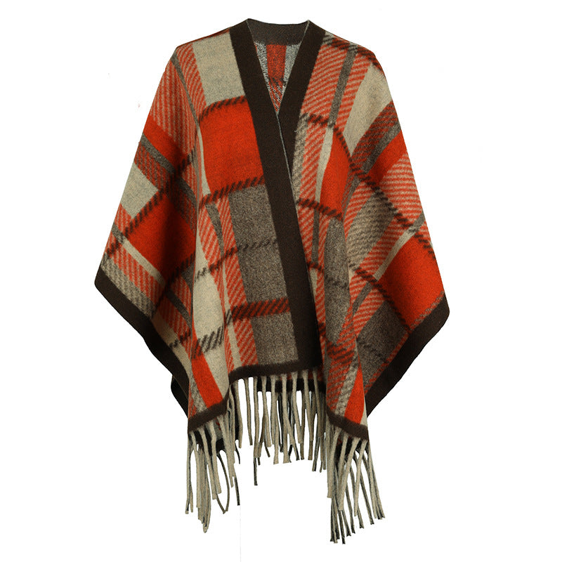 Damen eleganter Poncho mit modernem Karomuster und Fransen EB