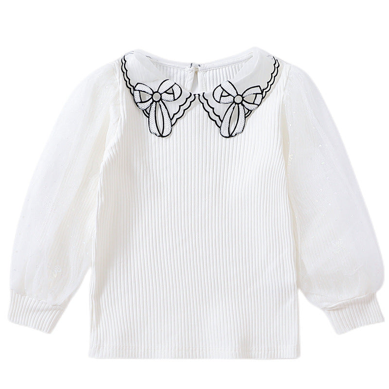 Mädchen Bluse mit transparenter Puffärmel und besticktem Kragen EB