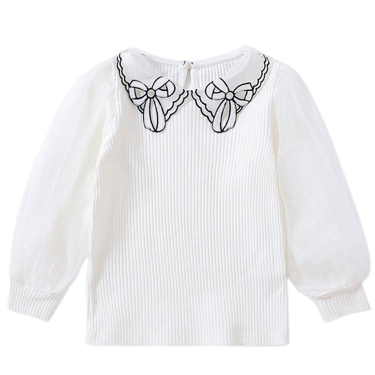Mädchen Bluse mit transparenter Puffärmel und besticktem Kragen EB