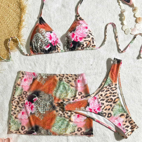 Damen Bikini-Set mit floralem Design und modischem Minirock EB
