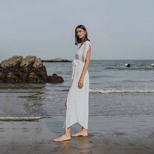 Damen luftiges Strandkleid mit Bindegürtel EB