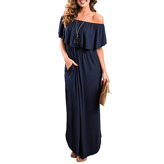 Damen Maxikleid mit schulterfreiem Design und Rüschendetail EB