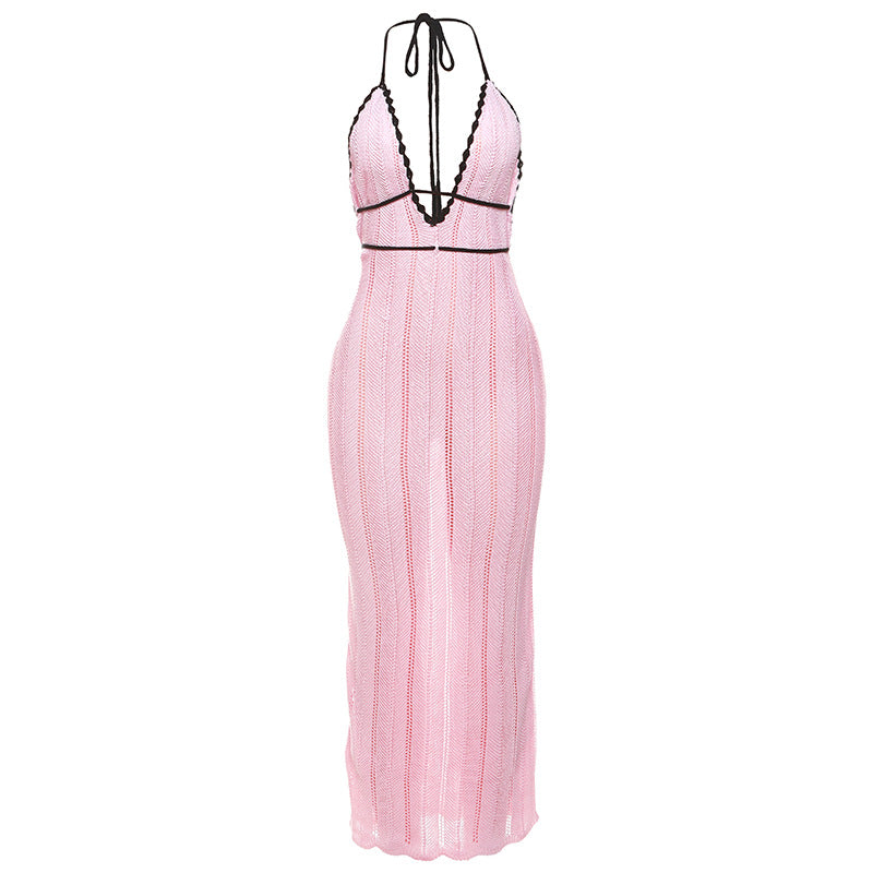 Damen Strick Maxikleid mit tiefem V-Ausschnitt und Bindebändern EB