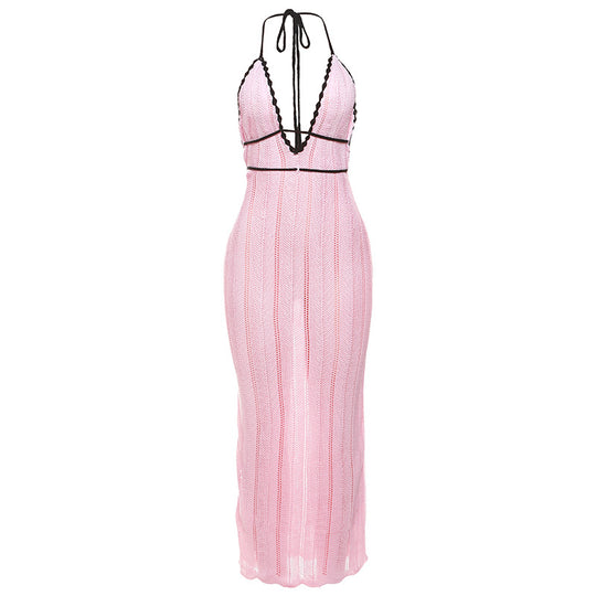 Damen Strick Maxikleid mit tiefem V-Ausschnitt und Bindebändern EB