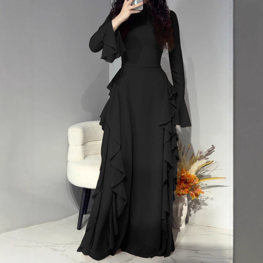 Damen nan Maxikleid mit Volantbesatz, taillierter Empire‑Silhouette und langen Glockenärmeln EB
