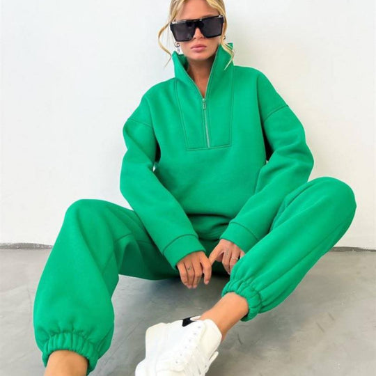 Damen nan weiches Oversize-Halbzip-Loungewear-Set mit hohem Stehkragen und taillierter Jogginghose EB