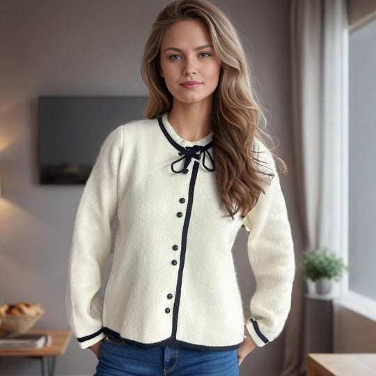Damen kuschelige Strickjacke mit dekorativen Knopfdetails und Bindeverschluss EB