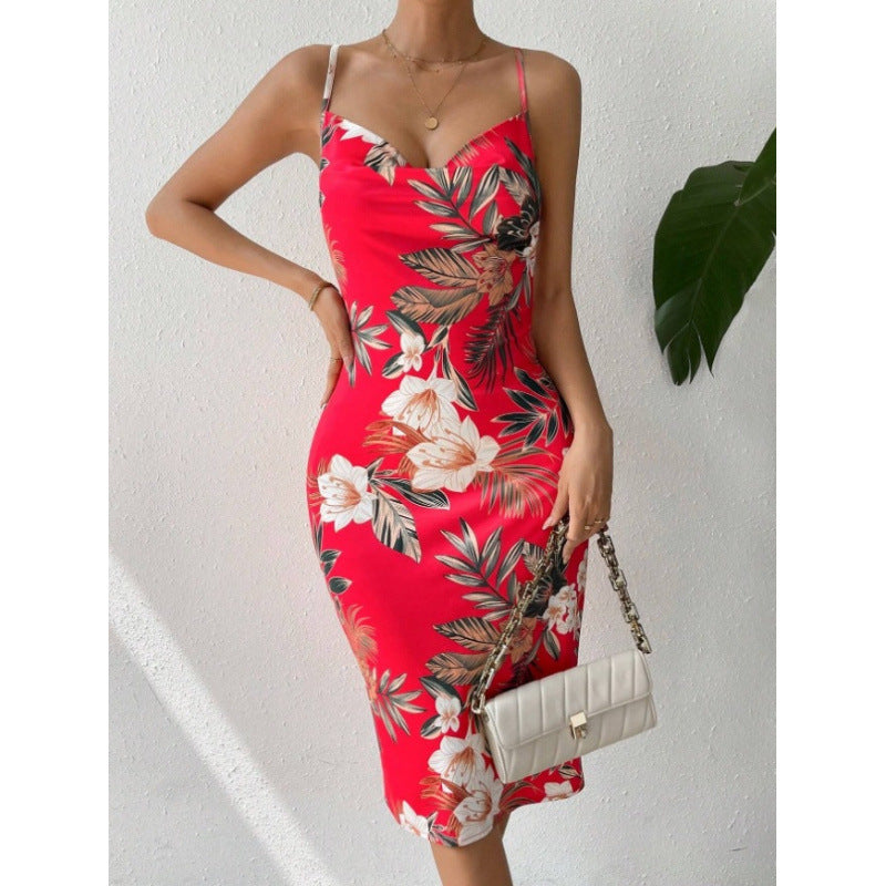 Damen Sommerliches Etuikleid mit floralem Design und Spaghetti-Trägern EB