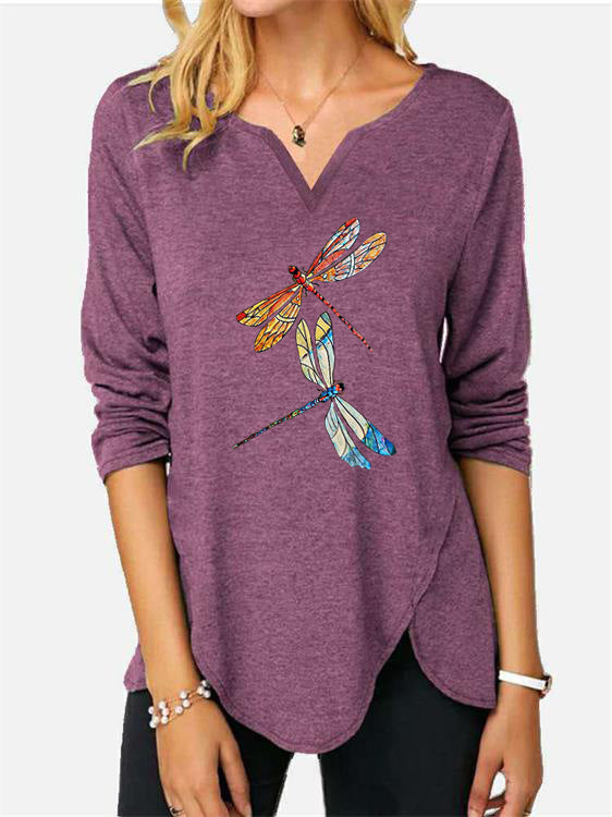 Damen V-Ausschnitt Langarmshirt mit Drachenfliegen-Print EB