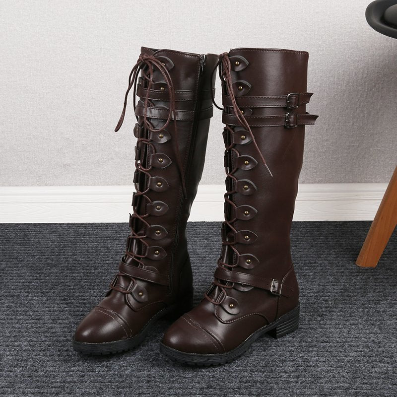 Damen  kniehohe Schnürstiefel mit seitlichem Reißverschluss, verstellbaren Zierriemen und profilierter Gummisohle EB