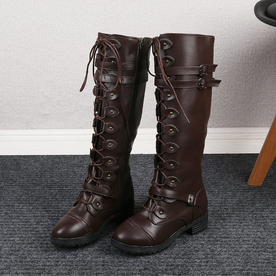 Damen  kniehohe Schnürstiefel mit seitlichem Reißverschluss, verstellbaren Zierriemen und profilierter Gummisohle EB