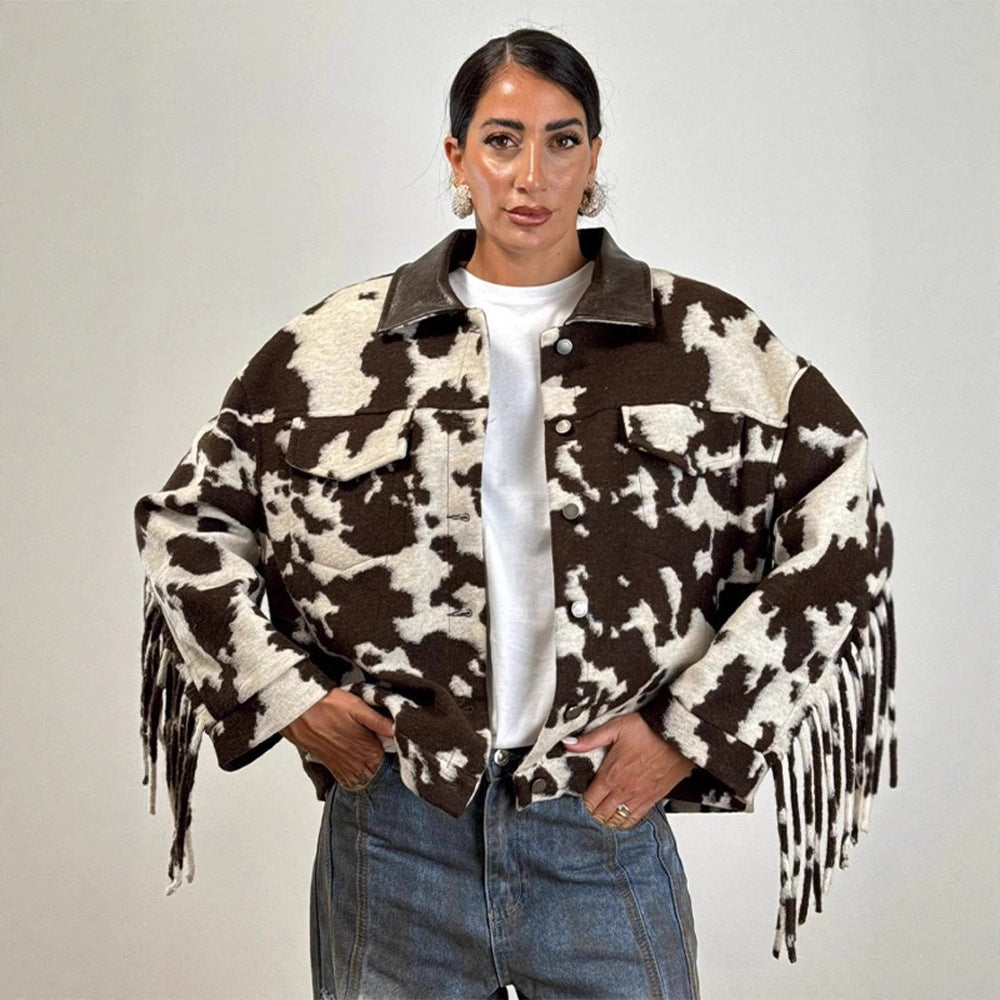 Damen Oversized Fransenjacke mit Kuhmuster EB