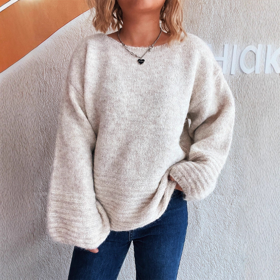 Damen kuscheliger Strickpullover mit weitem Schnitt und modischen Baumelärmeln EB