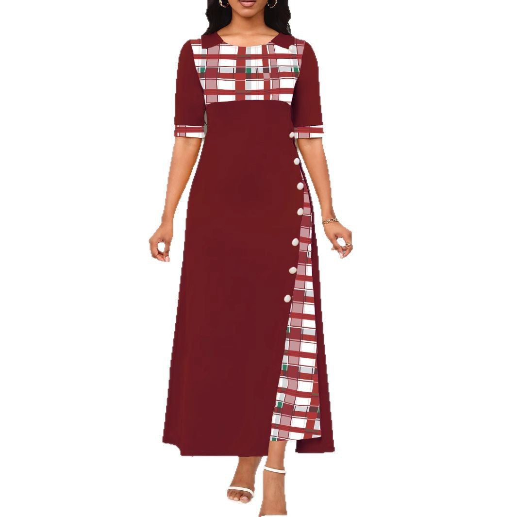 Damen Maxi-Kleid mit modischem Karomuster und geschmackvollen Knopfdetails EB