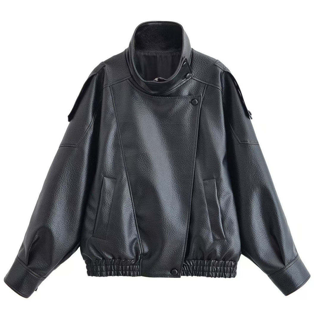 Damen nan Oversize Kunstleder-Bomberjacke mit hohem Stehkragen, Druckknopfblende und smockbündchen EB