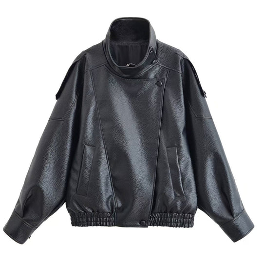 Damen nan Oversize Kunstleder-Bomberjacke mit hohem Stehkragen, Druckknopfblende und smockbündchen EB