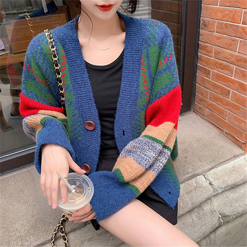 Damen Grobstrick-Cardigan mit buntem Karomuster und großen Holzknöpfen EB