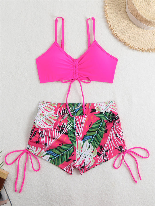 Damen Bikini-Set mit rüschenverziertem Oberteil und modischen Shorts EB