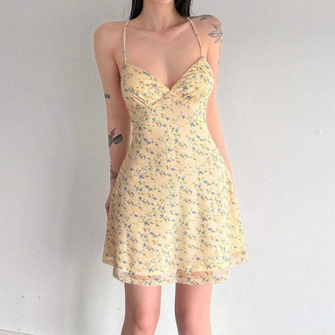 Damen Kurzarm Sommerkleid mit floralem Design und verstellbaren Spaghettiträgern EB