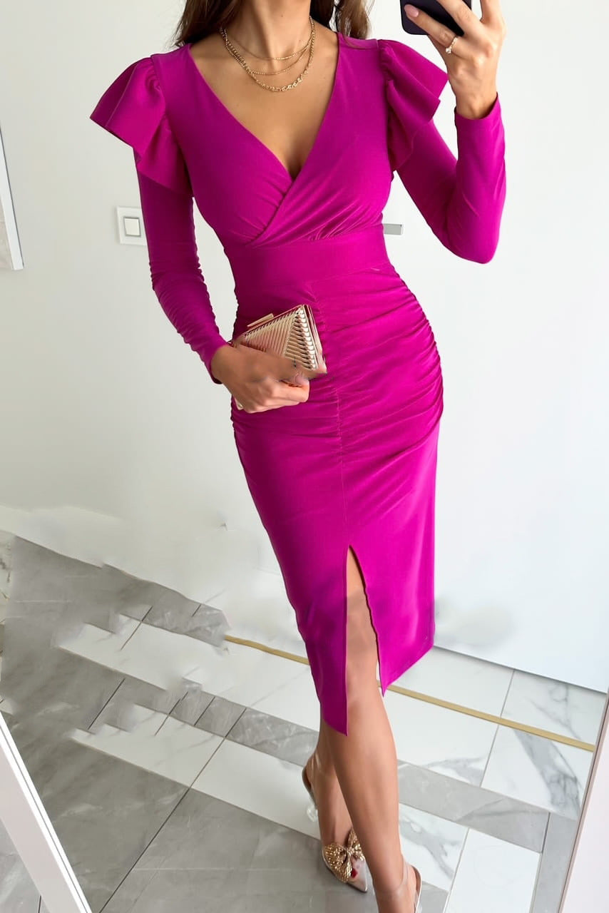 Damen Wickelkleid mit Raffungen und voluminösen Ärmeln EB