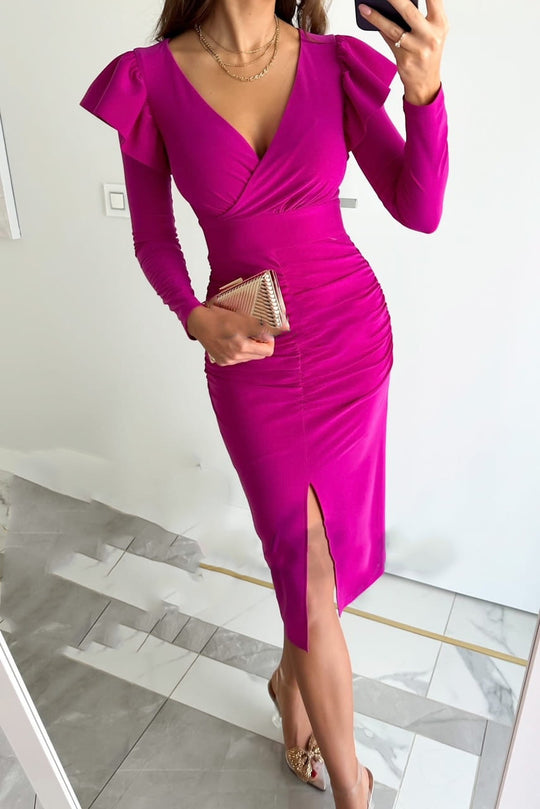 Damen Wickelkleid mit Raffungen und voluminösen Ärmeln EB