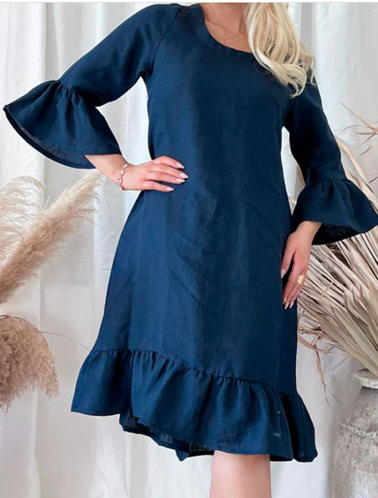 Damen Leichtes Leinenkleid mit Rüschendetails und weitem Schnitt EB