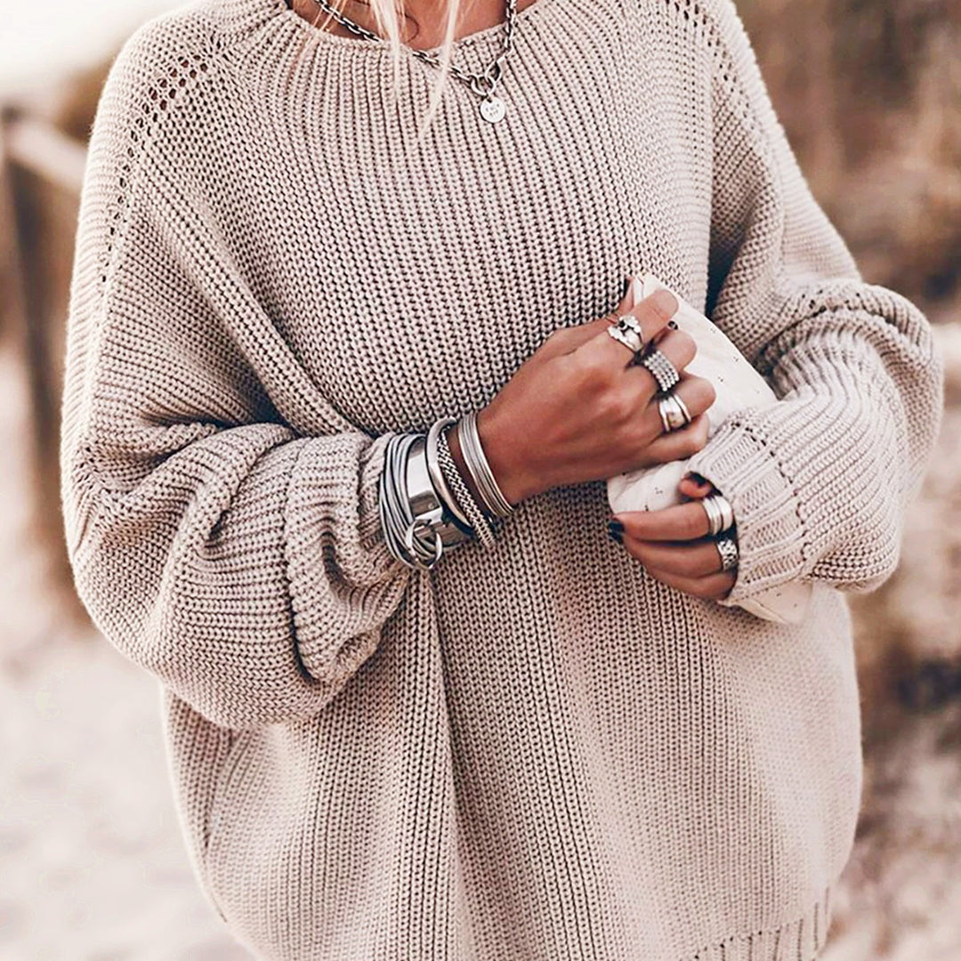 Damen Oversized Strickpullover mit luftigen Maschen und Seitenschlitzen EB