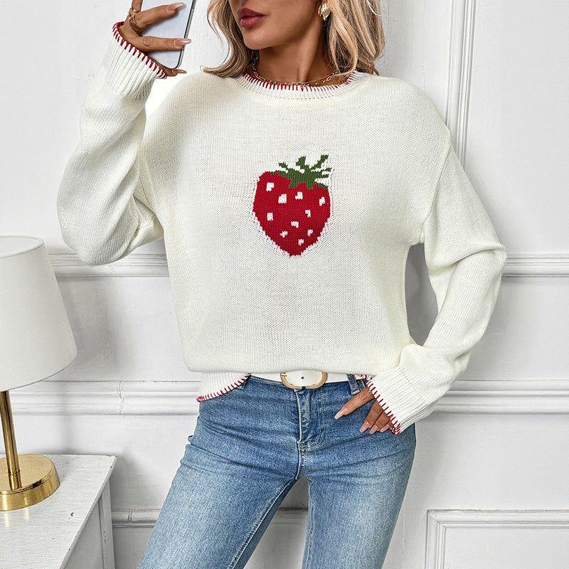 Damen Strickpullover mit fruchtigem Erdbeer-Motiv und lässigem Schnitt EB