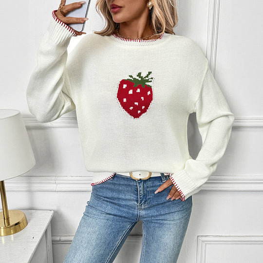 Damen Strickpullover mit fruchtigem Erdbeer-Motiv und lässigem Schnitt EB