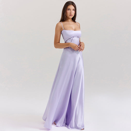 Damen Elegantes Maxikleid mit schmalen Spaghettiträgern und fließendem Satinfall EB
