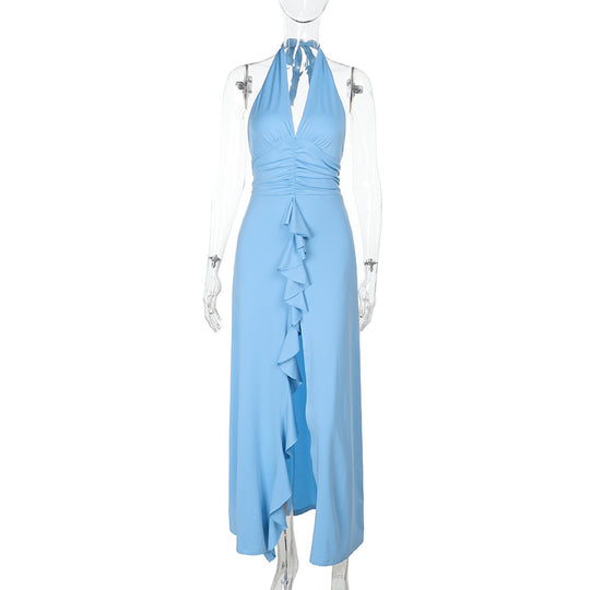 Damen Haltermaxikleid mit gerafftem Design und verspielten Rüschen EB