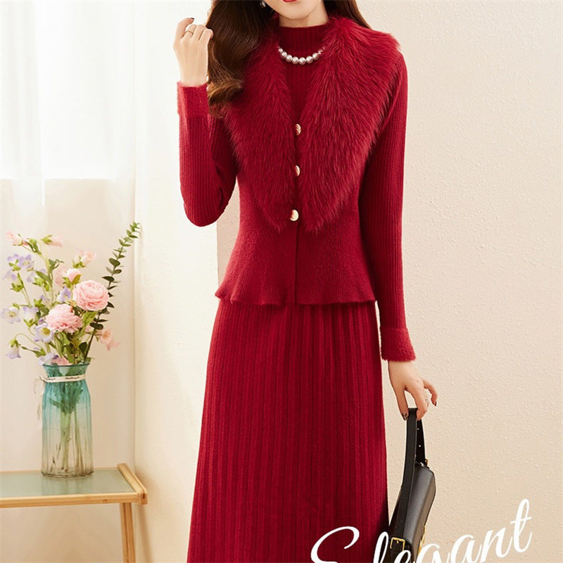 Damen elegantes Strickset mit hochwertigem Fellkragen und modischer Rippstruktur EB