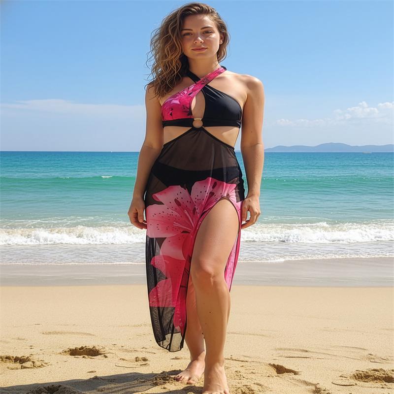 Damen Strandkleid mit modischem Wickeldesign und floralem Schnitt EB
