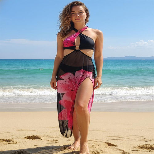 Damen Strandkleid mit modischem Wickeldesign und floralem Schnitt EB