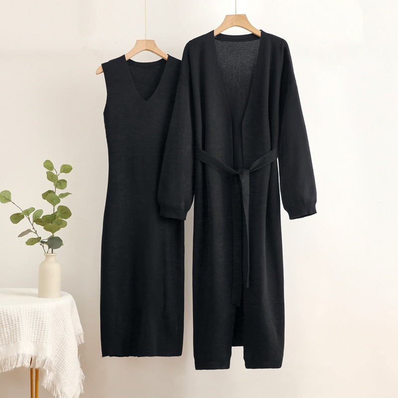 Damen 2-teiliges Kleid und Cardigan-Set mit V-Ausschnitt EB