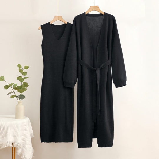 Damen 2-teiliges Kleid und Cardigan-Set mit V-Ausschnitt EB