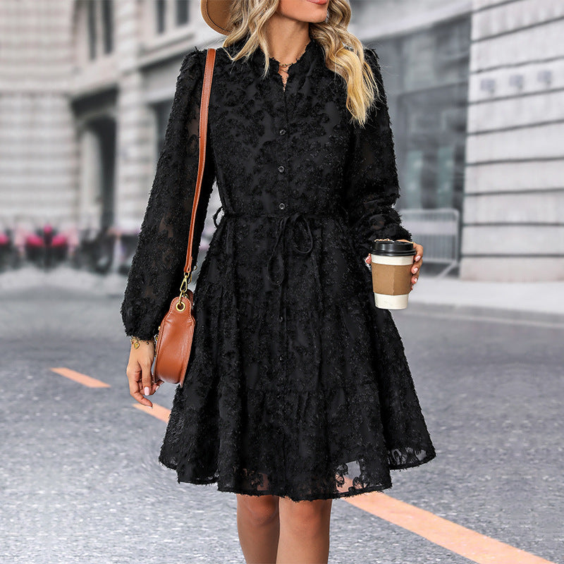 Damen Kleid im romantischen Boho-Stil mit Knopfverschluss und Bindegürtel EB