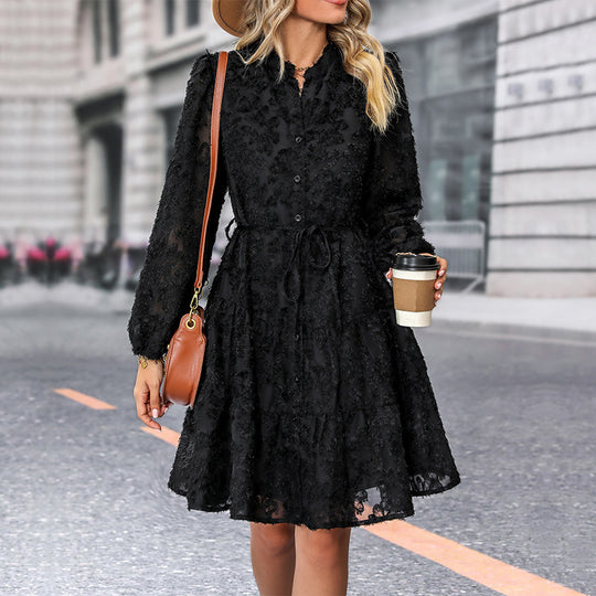 Damen Kleid im romantischen Boho-Stil mit Knopfverschluss und Bindegürtel EB