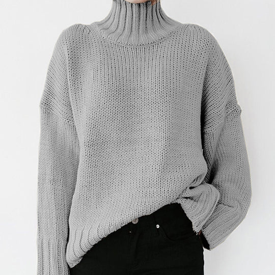 Damen Grober Strickpullover mit hohem Kragen und lässigem Schnitt EB