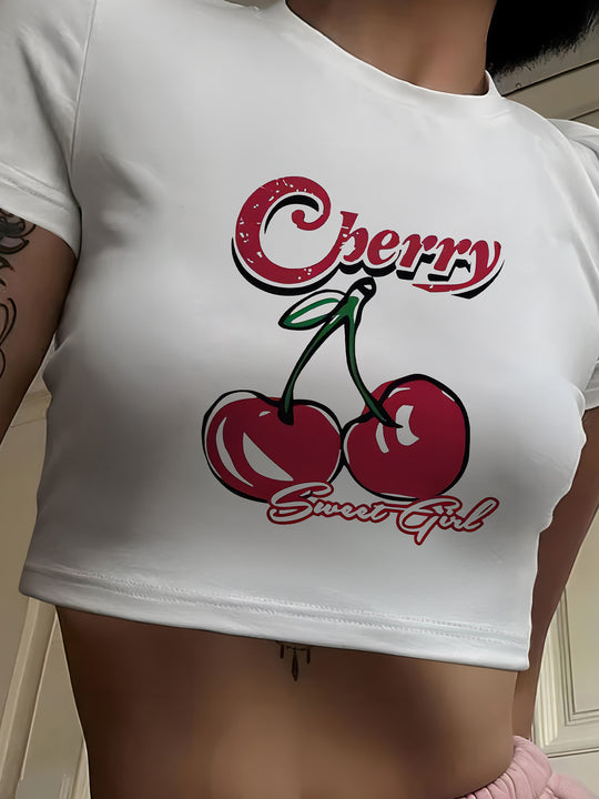 Damen Crop-T-Shirt mit fröhlichem Kirschmotiv EB