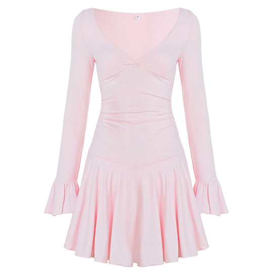 Damen nan tailliertes V-Ausschnitt Skaterkleid mit geraffter Taille und Volantärmeln EB