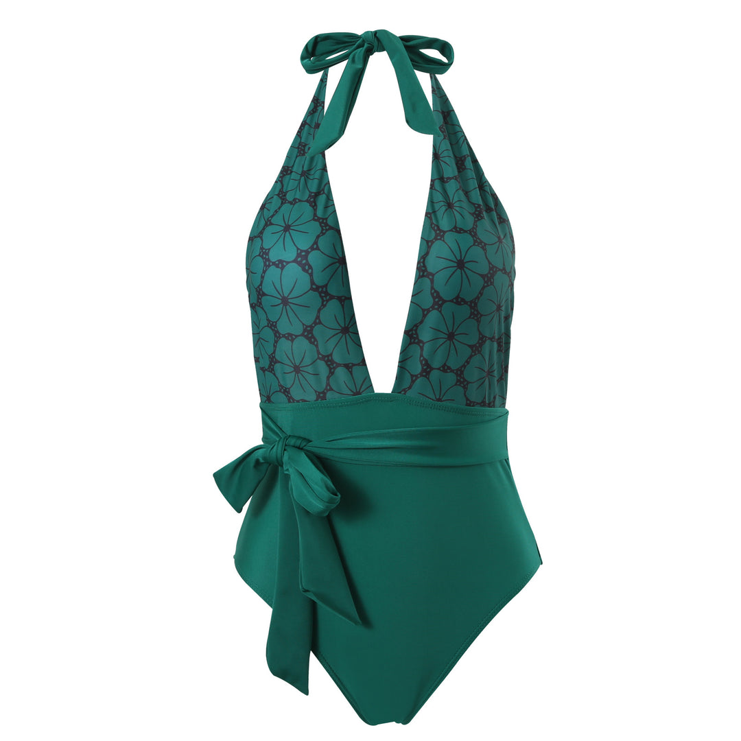 Damen eleganter Einteiler Badeanzug mit floralem Wickelrock EB