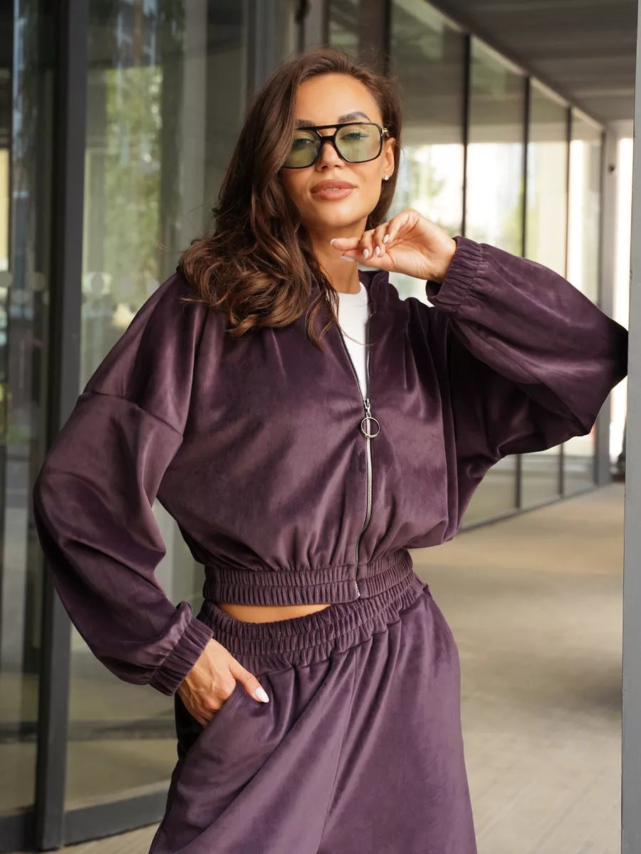 Damen Cropped Samt-Loungewear-Set mit kurzem Reißverschluss, elastischem Taillenbund und weiter Jogginghose EB