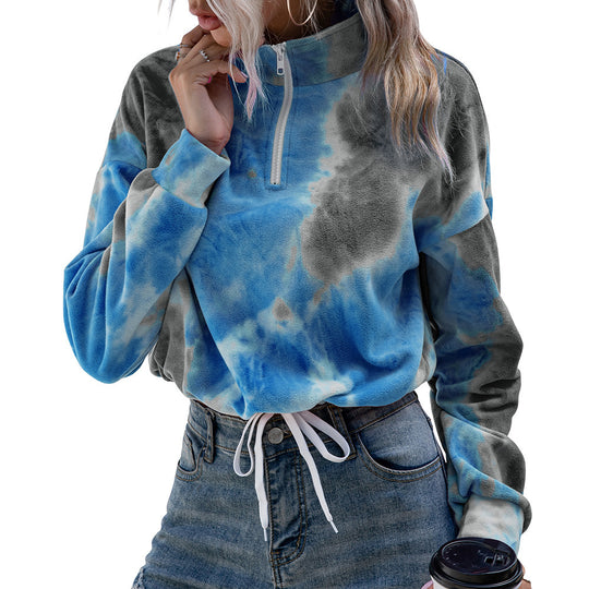 Damen modischer Fleece-Pullover mit Stehkragen und Kordelzug EB