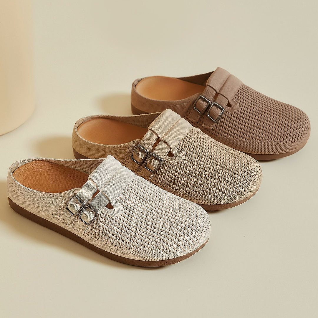 Damen nan gestrickter Clog-Mule mit doppelter Metallschnalle, atmungsaktivem 3D-Strickoberteil und ergonomischem Memory-Fußbett EB